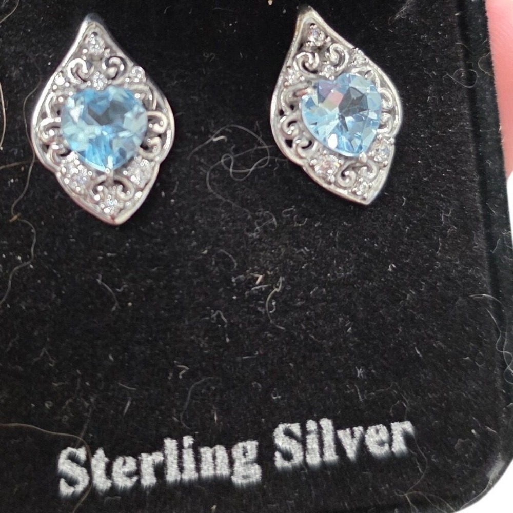 Sterling Silver Blue Topaz Heart Filigree Marquise Stud Earrings Vintage Style - Picture 1 of 16